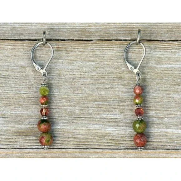 Handcrafted Necklace Earring Set .925 SS Horse Pendant Unakite Swarovski Crystal - Picture 2 of 4